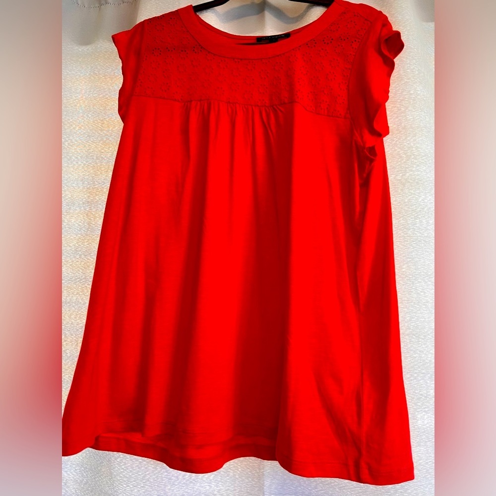 Tint & Shadow Coral shirt. Embroidered top and Ruffles cap sleeve